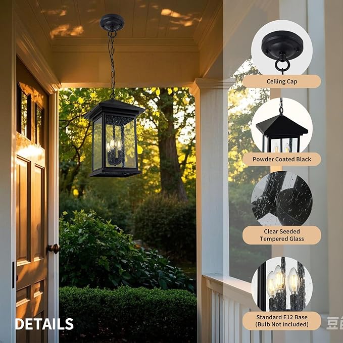 Classic Outdoor Hanging Lantern – Weather-Resistant, Stylish, Matte Black Finish, Clear Seeded Glass and Functional, Extra Large Size