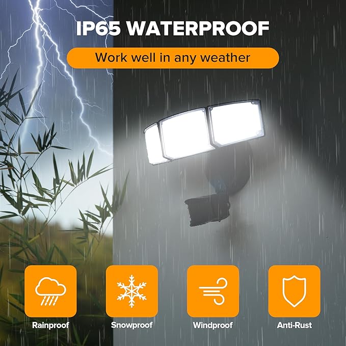 UME 49W LED Security Lights Motion Sensor Light Outdoor, 5000K Daylight, IP65 Waterproof, Dusk to Dawn, 3 Head Motion Detected Flood Light for Garage, Yard, Porch (Black)