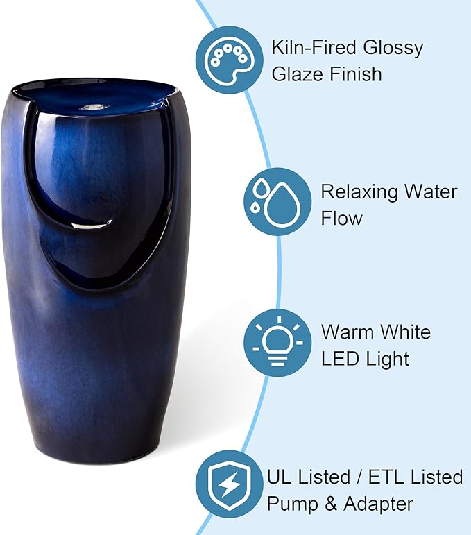 Glitzhome 29.25" H Oversized Ceramic Vase Outdoor Water Fountain Tall Patio Garden Water Fountain with LED Light and Submersible Pump Yard Art Decor, Cobalt Blue