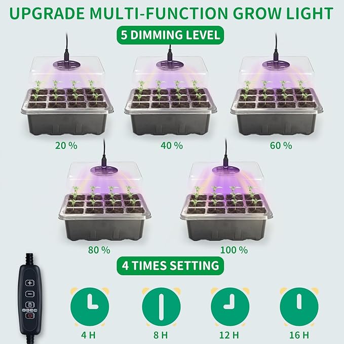 NAMOTEK 5 Pack Seed Starter Tray with Heat Mat and Grow Light Humidity Domes, 60 Cell Trays Germination Station Cloning Kit