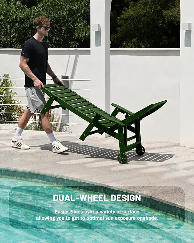 Lounge Chair Outdoor Set of 4 with Wheels, Adjustable 6-Position Chaise Lounge Outdoor, Patio Lounge Chair for Poolside Backyard, Green