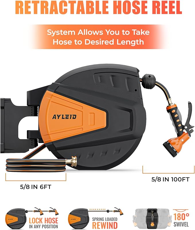 Ayleid Retractable Garden Hose Reel,5/8 in x 100 FT Wall Mounted Hose Reel, with 9- Function Sprayer Nozzle, Any Length Lock/Slow Return System/Wall Mounted/180°Swivel Bracket (Black)