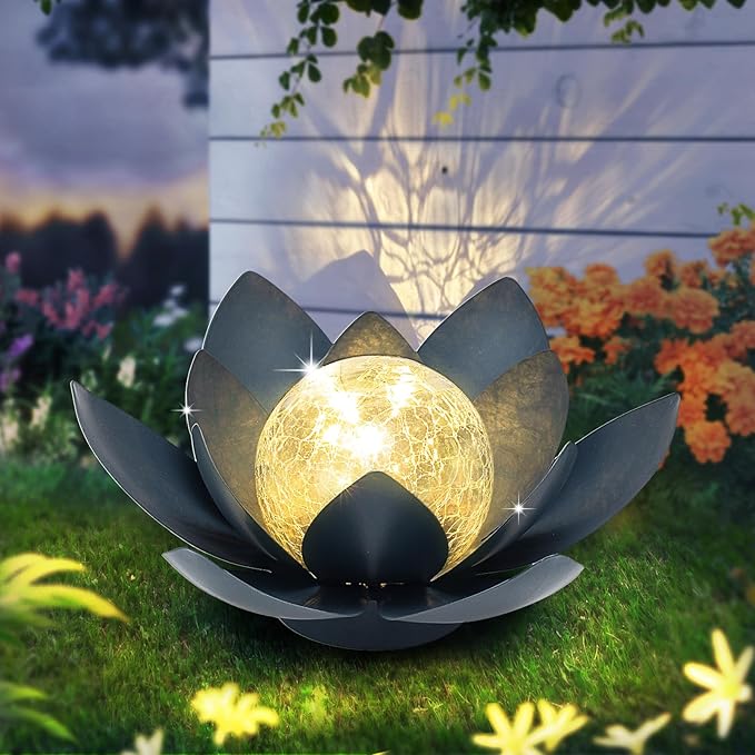Huaxu Solar Lights Outdoor Garden Decor Crackle Glass Globe Lotus Flower Gray Metal Waterproof Light for Patio, Lawn, Walkway, Tabletop, Ground,Christmas Gifts for Mom,Women