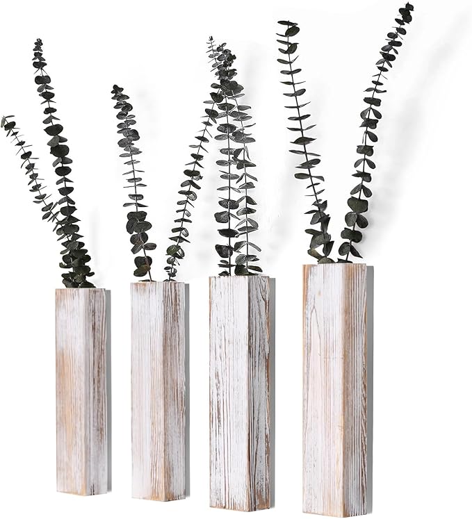 Wooden Wall Planter Set of 4 - Modern Home Decor for Living Room, Bedroom, Bathroom - Vintage Finish Planter for Dried Flowers, Faux Greenery, Indoor Plants