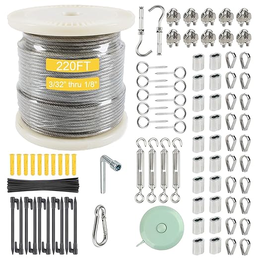1/8" Wire Rope Kit，Steel Wire Cable，220FT Turnbuckles for Cables Wire，304 Stainless Steel Cable,M5 Turnbuckle Kit for Outdoor, Garden, Kitchen, Craft