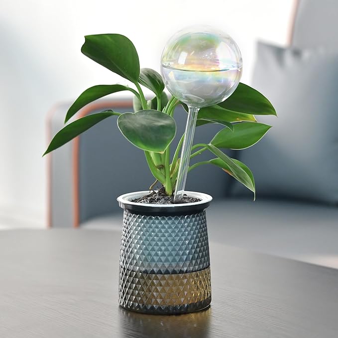 6.5oz Self Watering Globes (4 Pack),Medium Glass Plant Water Bulbs for Indoor Plants, Automatic Drip Irrigation,Light Iridescent Watering Stakes for Vacation & Daily Use (Slow-Release Hydration)