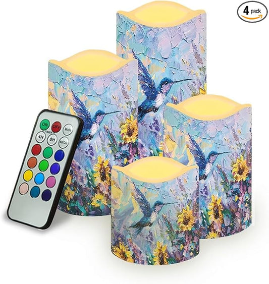 Ystardream Flameless LED Battery Candles Pack of 4 Waterproof Pillar Candles Tealights with 18-Key Timer Remote Colorful Lights for Outdoor Home Decoration Oil Painting Hummingbird