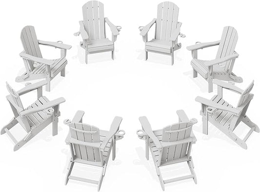 KINGYES Folding Adirondack Chair Set of 8, Dual Cup Holders & All-Weather HDPE, Wood-Like Patio Chair for Backyard, Camping, Pool & Fire Pit, White