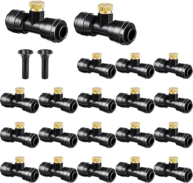 Brass & Black Misting Nozzles Kit - 20pcs Mister Nozzles & Tees with 2pcs Plugs for 1/4" Tubing and Outdoor Patio System
