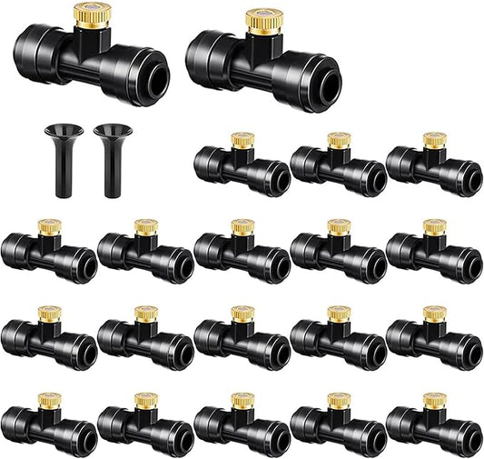 Brass & Black Misting Nozzles Kit - 20pcs Mister Nozzles & Tees with 2pcs Plugs for 1/4" Tubing and Outdoor Patio System