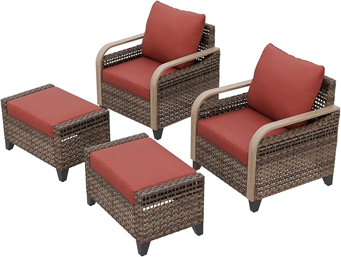 EAGLE PEAK Modern Wicker Outdoor Chair, Patio Chair Curved Armrest, Rattan Patio Furniture for Yard Deck Porch Garden, 2 Chairs 2 Ottomans, 4 Pieces, Brown/Red