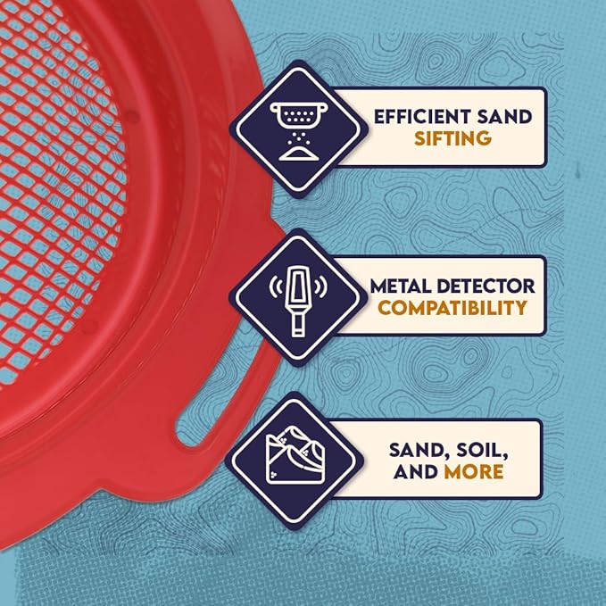 SE 6-Piece Set of 8.5" Plastic Sand Sifting Pans in a Mesh Bag, with 36 Holes Per Inch, in Red, Blue, and Green Colors