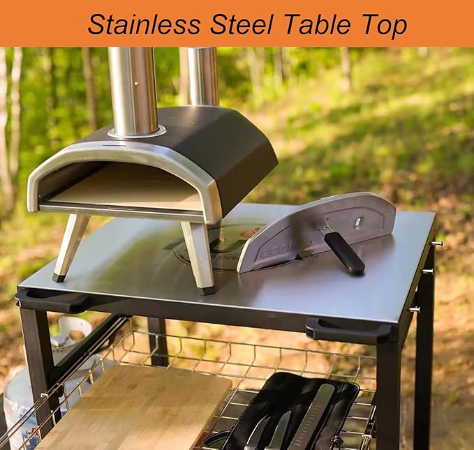 NUUK Double-Shelf Movable Outdoor Pizza Oven Table, 24" x 30" Stainless Steel Commercial Multifunctional Food Prep Worktable with Drawer on Wheels