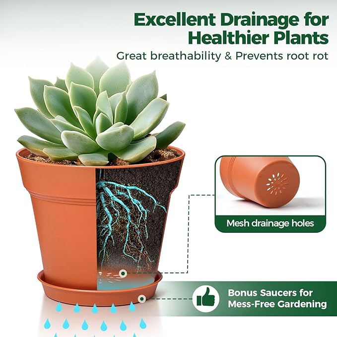 T4U 5 Inch Plant Pot 8-Pack, Plastic Pots with Drainage Hole and Saucer, Decorative Flower Pots Bulk for African Violet, Snake Plant, Succulent and All House Plants Indoor (8pcs 5" Pots)
