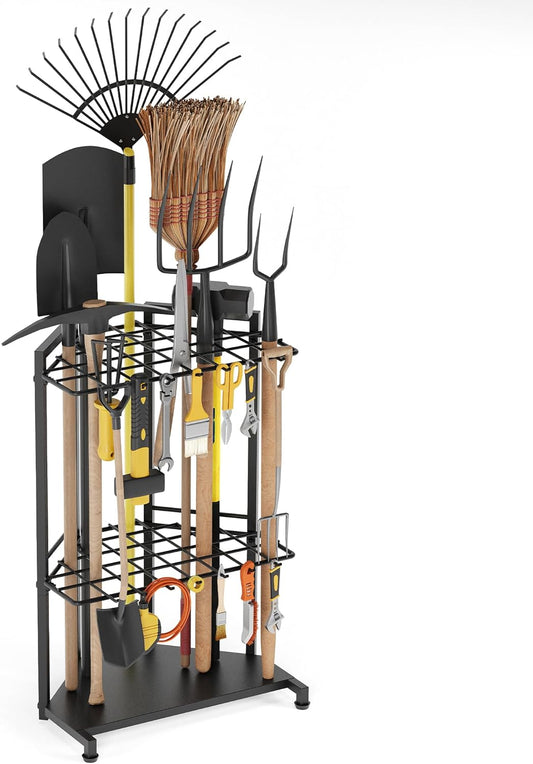 Garden Tool Organizer for Corner - Heavy Duty Metal Rack with 34 Storage Compartments & 14 Hooks for Shovels, Rakes, Long-Handled Tools, Ideal for Garden, Shed, Garage Storage