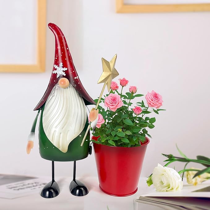 HONGLAND Outdoor Decorations Metal Gnome Yard Art Garden Gnomes Statue 13 Inch Santa Figurine, Succulent Flower Pot, Fun Metal Planter