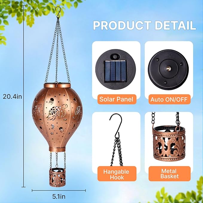 Hot Air Balloon Solar Lights Outdoor Sea Turtle Metal Hanging LED Light Solar Lantern Waterproof Light for Garden Patio Yard Porch Christmas Decor Gifts for Women Mom Friends