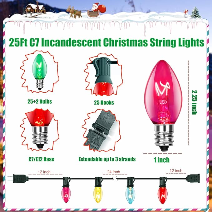 C7 Christmas Lights Outdoor, 25Ft Vintage Christmas String Lights with 27 Multicolor Clear Bulbs, Hanging Christmas Decorations Lights for Outdoor Indoor Roofline House Garden Patio Party Holiday