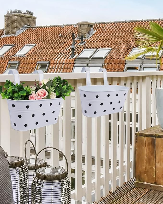 vensovo Metal Railing Planter for Outdoor Plants - 3 Pack Balcony Hanging Flower Pots with Detachable Hooks and Drain Holes Oval Bucket Rail Box Fence Planters for Home Garden Decor, White with Spot
