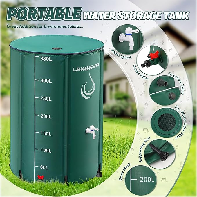 LANUEVA 100 Gallon Collapsible Rain Barrel, Rainwater Collection System with 2 Spigots, Overflow Kit and 2 Hoses, Portable Water Storage Tank with Scale Mark for Garden Plant Watering, Farm Irrigation