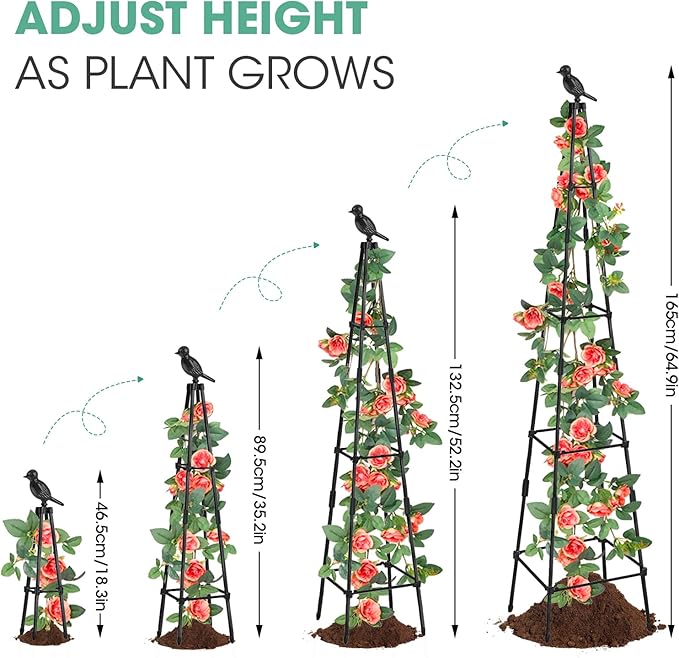 2 Pack Garden Obelisk Trellis for Climbing Plants Outdoors, 65 Inch Rustproof Plant Stand Climbing Support with Adjustable Heights for Indoor Potted Plants, Vines, Flowers Stands, Vegetables