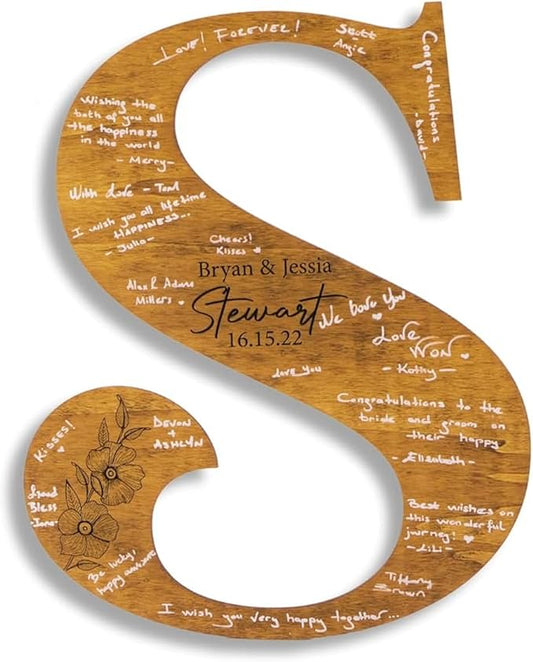 Wedding Guest Book Sign with Pen, Personalized Wooden Letter Monogram, Custom Last Name and Date, Laser Engraved Guestbook Alternative for Couple, Large Sizes Options