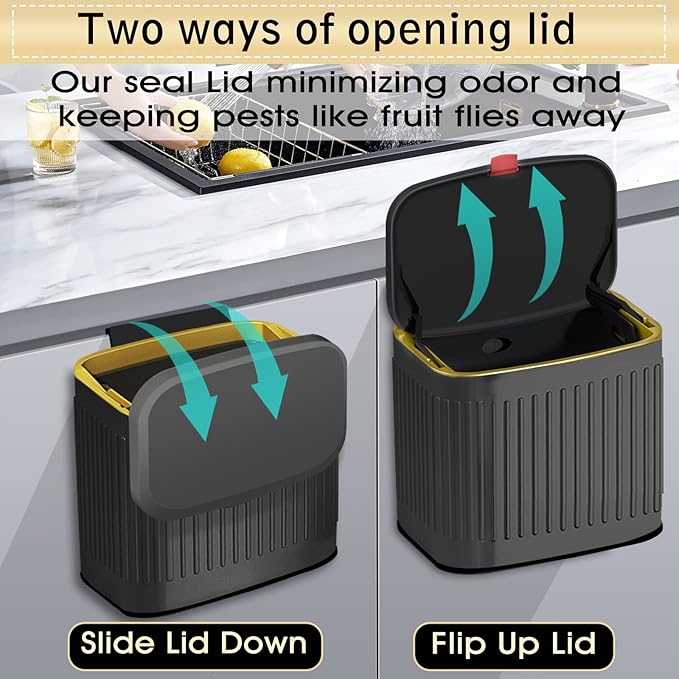 GloDeals Kitchen Trash Can for Counter Top or Under Sink, 1.05 Gallon Stainless Steel Small Compost Bin, Wall Mount Compost bin with Lid for Kitchen, Cabinet Trash Can Hanging (Black)