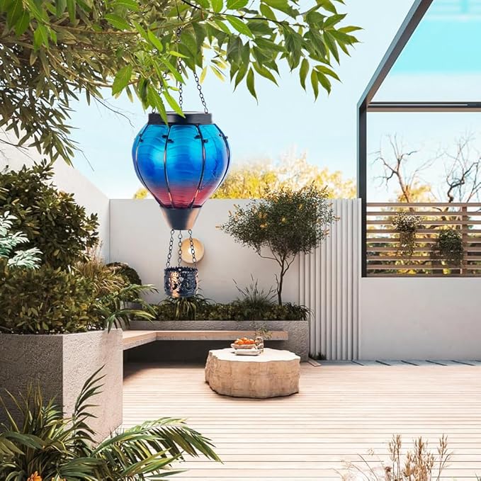 Starsoul 2 PC Blue Hot Air Balloon Solar Lantern Glass Solar Hot Air Balloon Flickering Flame Hanging Garden Light Waterproof Garden Yard Farmhouse Decor