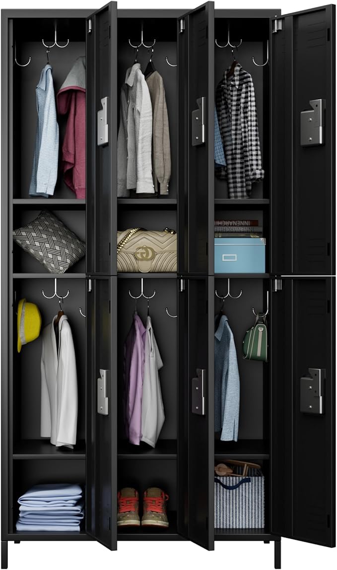 METAN Metal Locker for School Office Gym Bedroom,6 Doors Steel Storage Locker Cabinet for Employees,Industrial Storage Locker with 1 Shelves,Assembly Required (6 Door-Black)