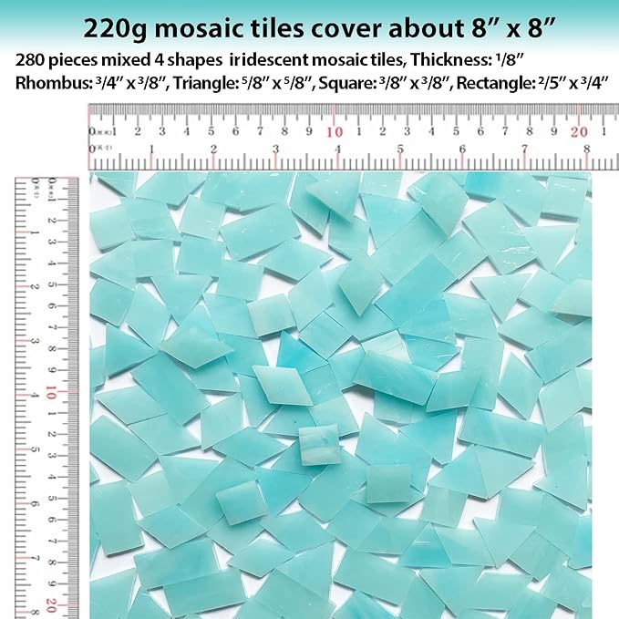 Iridescent Aqua Stained Glass Mosaic Tiles, 280 Pieces Mixed 4 Shapes Stained Glass Supplies for Mosaic Projects
