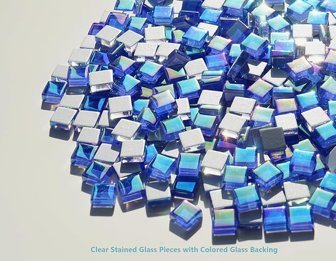 Iridescent Royal Blue Tiles for Mosaic Crafts, 300G Iridized Crystal Stained Glass Pieces for Mosaic, 1x1 cm Square Glass Tiles Great for Mosaic Art Supplies, Mosaic Tiles Home Decoration