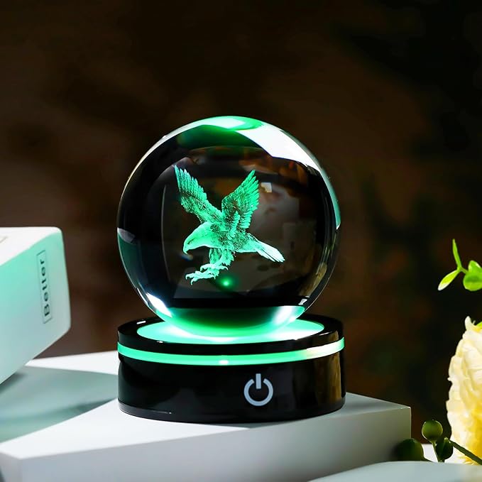 YWHL 3D Eagle Figurine Crystal Ball with Colorful Light Base, Eagle Gifts for Women Men Eagle Lovers on Christmas Birthday, 3D Laser Engraved Eagle Sphere Glass Ball for Home Office Decoration (80mm)