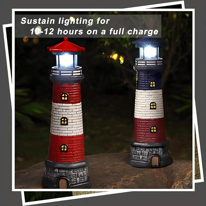 Solar Lighthouse Garden Outdoor Statues, Waterproof Lawn Lights Decor; Automatic Rotating Solar Lights for Yard, Patio, Ground, Tabletop Decoration; Unique Housewarming Gifts - 2PACK