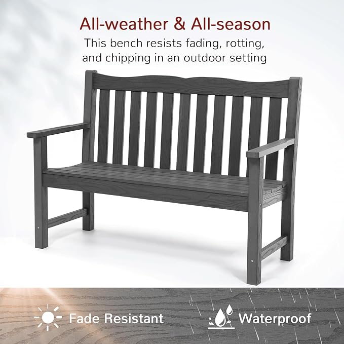 Stoog 3 Piece Outdoor Bench & Outdoor Chairs Set, All-Weather HIPS Patio Furniture Set, Include 1 Patio Bench and 2 Patio Chairs, Grey