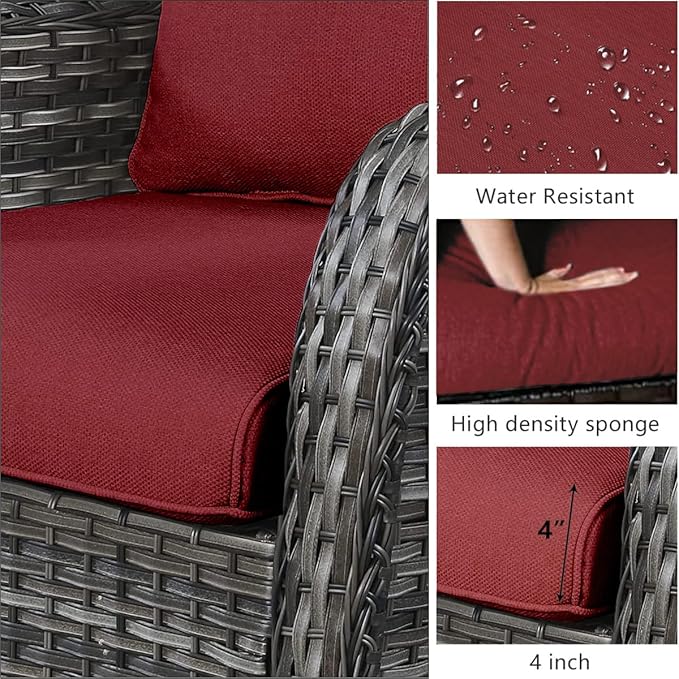 HUMMUH Outdoor Swivel Rocker Wicker Patio Chairs Set of 2, Rattan Rocking Chair Furniture Set(Grey,Red)