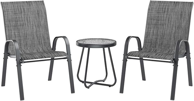 UDPATIO Patio Dining Set of 3, Outdoor Table and Chairs Set with Glass Table, 2 Stackable Patio Chairs with High Back, Outdoor Furniture Sets for Deck Garden Backyard Lawn Poolside (Dark Grey)