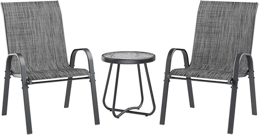 UDPATIO Patio Dining Set of 3, Outdoor Table and Chairs Set with Glass Table, 2 Stackable Patio Chairs with High Back, Outdoor Furniture Sets for Deck Garden Backyard Lawn Poolside (Dark Grey)