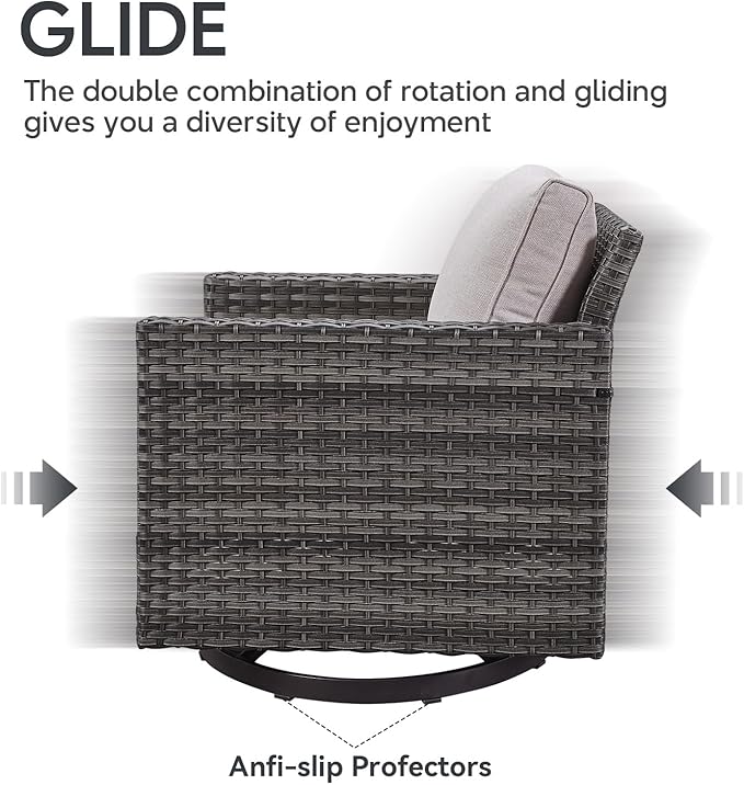 7 Piece Wicker Patio Furniture Set - Outdoor Swivel Rocker Chairs Set with Coffee Table, Side Table, 3 Seat Sofa & Ottomans, Small Patio Conversation Sets for Balcony Deck - Grey/Beige