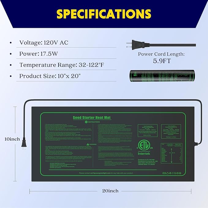 iPower GLHTMTS Durable Waterproof Seedling Heat Mat Warm Hydroponic Plant Germination Starting Pad, 10"x 20", Black