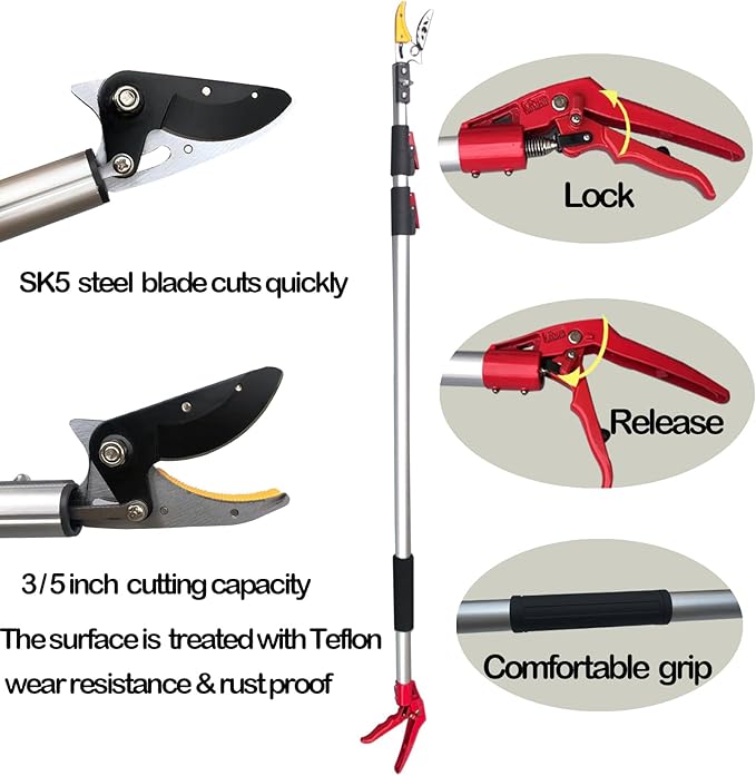4.6-10ft Extendable Tree Pruner,Telescopic Tree Trimmer Pole Saw, Branch Cutter,Upgrade Steel Saw blade,Fruit Picker and Pruning Shears Gardening,Lightweight & Portable Lopper with a Fruit Mesh Bag