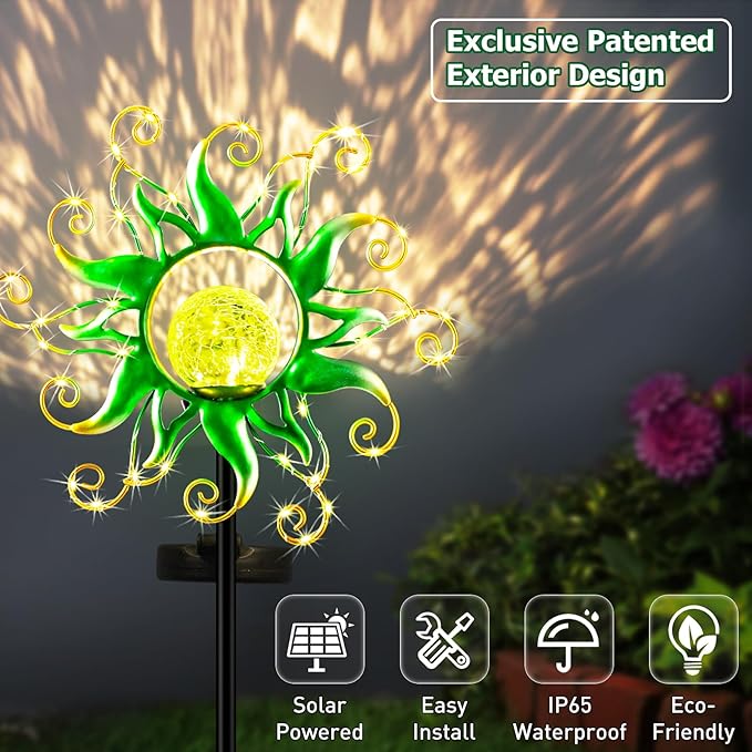 Solar Garden Lights Outdoor, Green Metal Sun Stake with 30 LED Waterproof Vine String Crackle Glass Spring Decor for Patio,Yardr,Lawn Gardening Birthday Gifts