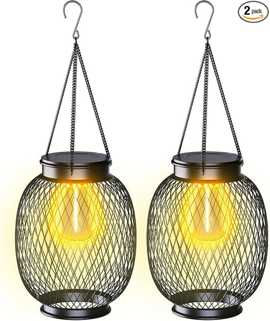 Solar Lanterns Outdoor Waterproof, 2 Pack Vintage Metal Solar Hanging Lanterns Outdoor with Hooks Solar Garden Decoration Lights Solar Lights Outdoor for Patio Balcony Yard Lawn, Black