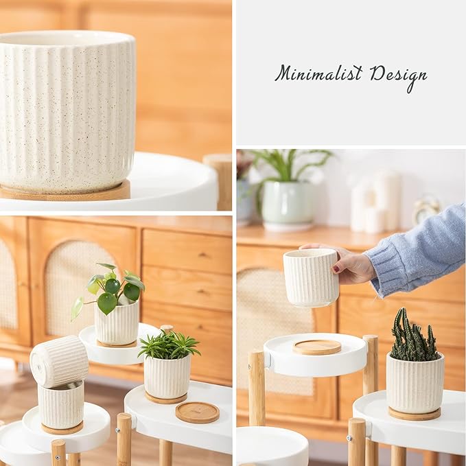 TAMAYKIM 4 Inch Ceramic Plant Pots with Drainage Holes, Modern Flower Planter with Saucer for Indoor Plants, Succulent, Cactus & Herbs, Beige, Set of 4 (Plants Not Included)