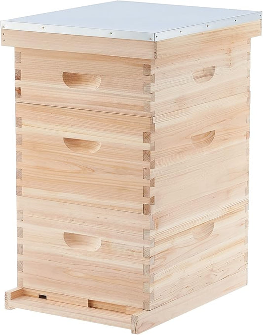 CREWORKS Bee Hive Boxes Starter Kit, 3 Layer Bee House Langstroth Beehive for Bees Keeping, Beekeeping Supplies with Plastic Queen Excluder and Nails (10 Medium and 20 Deep Frames)