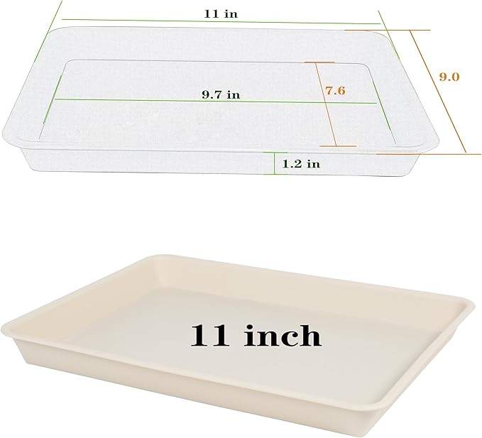 4 Pack Plant Saucer Tray Rectangular, Plant Saucers for Indoors, Heavy Sturdy Plastic Plant Drainage Trays, Plant Drip Trays for Pots, Seed Starter Growing Tray (11 x 9 inch, Beige)