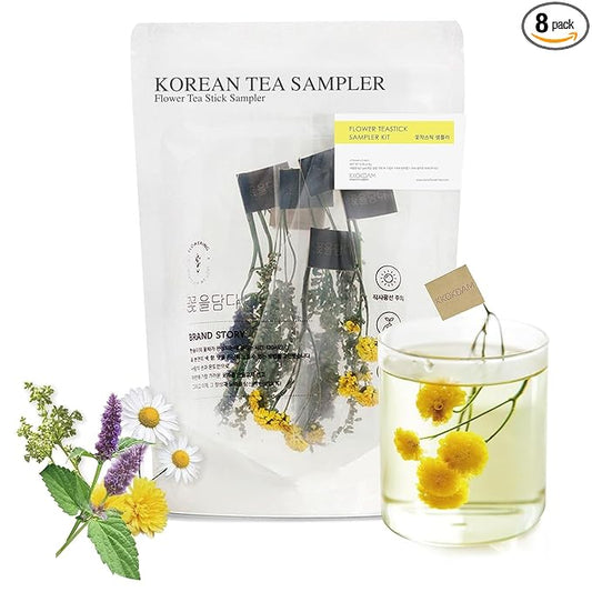 KKOKDAM Blooming Flower Tea Stick Sampler – Loose Leaf Tea Sampler, Fancy Variety Pack, Gift Set from South Korea - Perfect as Unique Gifts for Women - 8 Count