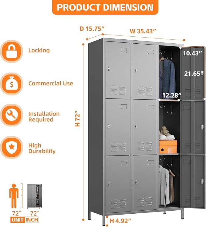 9 Doors Metal Lockers for Employees with 27 Hooks, Storage Locker with Business Card Holder for Office Gym School Bedroom, Assembly Required, Dark Gray