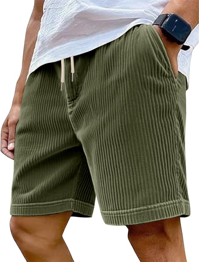 Mens Cargo Shorts Casual Drawstring Elastic Waist Corduroy Summer Beach Shorts with Pockets