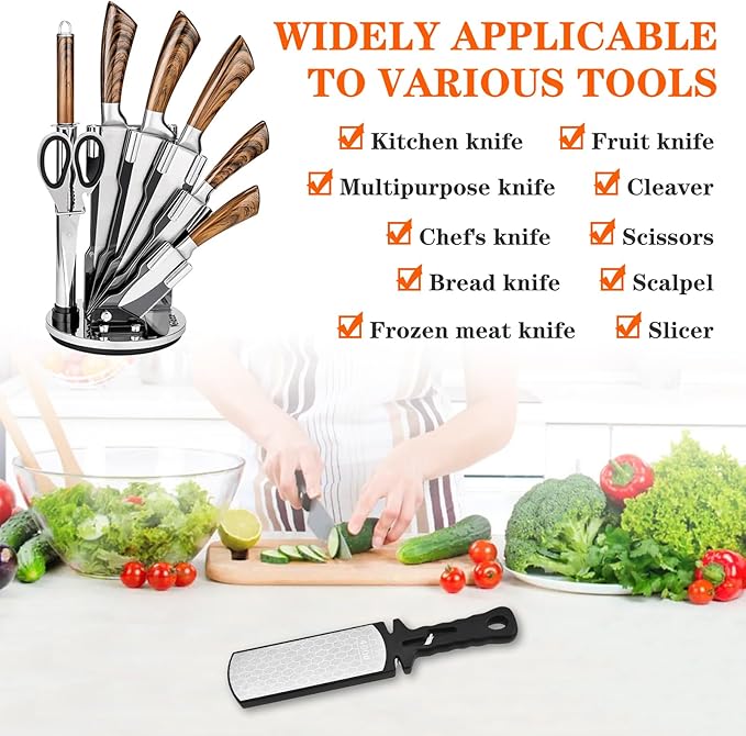 Diamond Sharpening Stone,400/1000 Grit Handheld Double-Sided Diamond Sharpener 5 in 1 Honeycomb Surface Knife Sharpener Plate Whetstone with Ceramic & Tungsten Steel Scissor Slot,Black