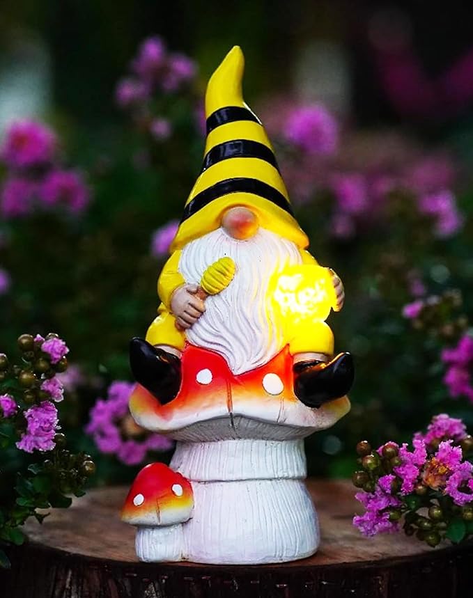 Solar Gnome Decor for Outside - Garden Beer Gnome Outdoor with Solar Lights, Sitting on Mushrooms - Perfect Housewarming or Women's Gifts (Yellow)